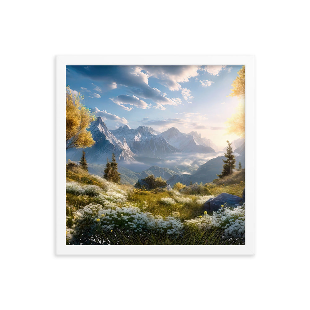 Berglandschaft mit Sonnenschein, Blumen und Bäumen - Malerei - Premium Poster mit Rahmen berge xxx 35.6 x 35.6 cm