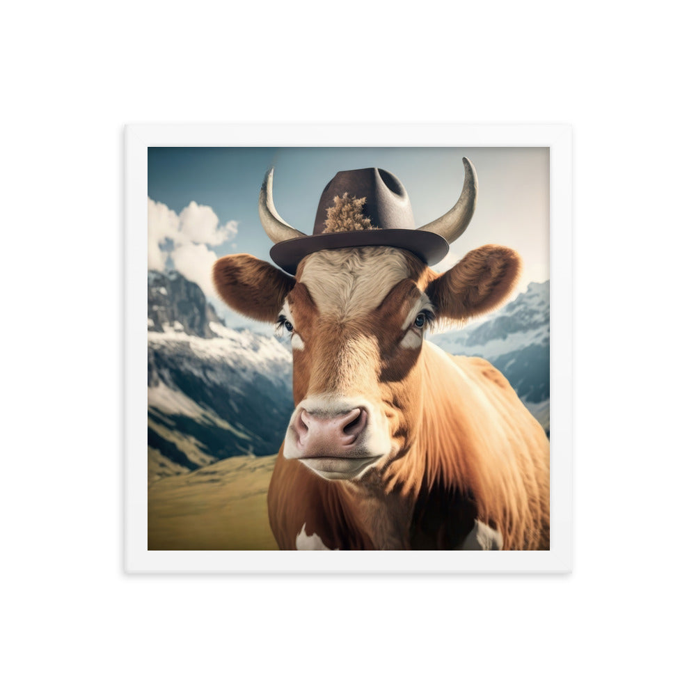 Kuh mit Hut in den Alpen - Berge im Hintergrund - Landschaftsmalerei - Premium Poster mit Rahmen berge xxx 35.6 x 35.6 cm