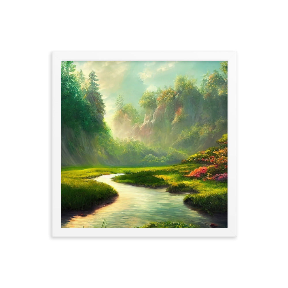 Bach im tropischen Wald - Landschaftsmalerei - Premium Poster mit Rahmen camping xxx 35.6 x 35.6 cm