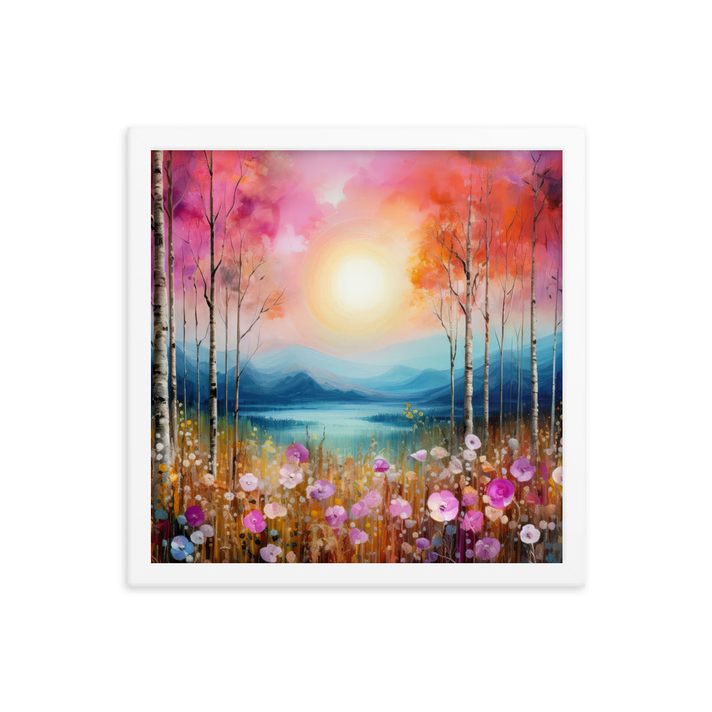 Berge, See, pinke Bäume und Blumen - Malerei - Premium Poster mit Rahmen berge xxx 35.6 x 35.6 cm