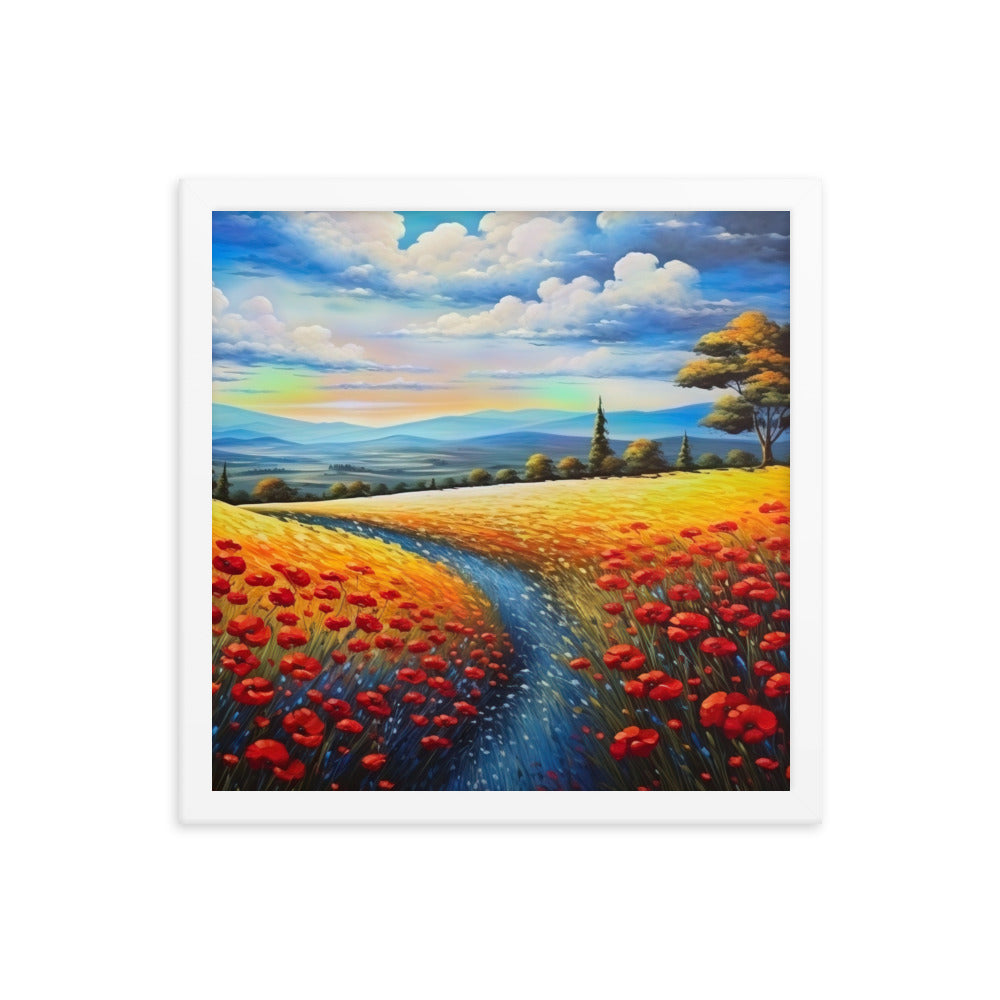 Feld mit roten Blumen und Berglandschaft - Landschaftsmalerei - Premium Poster mit Rahmen berge xxx 35.6 x 35.6 cm