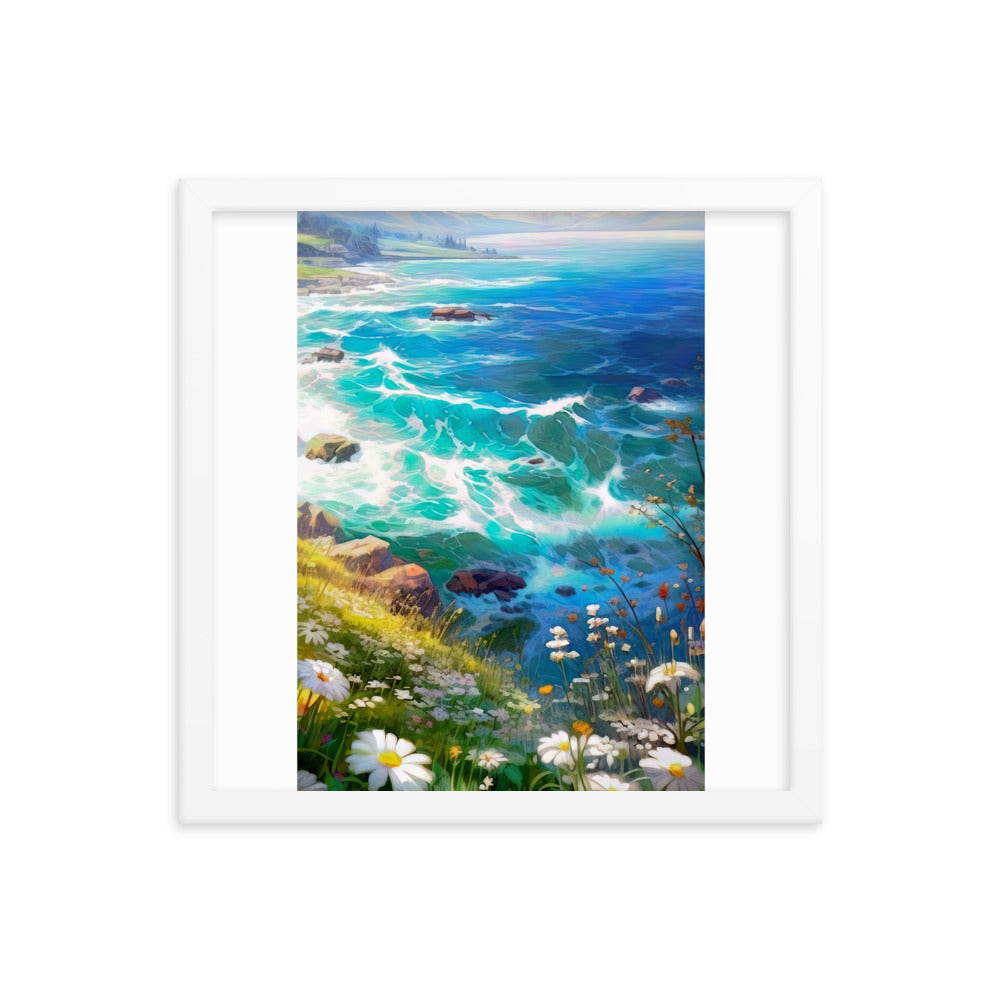 Berge, Blumen, Fluss und Steine - Malerei - Premium Poster mit Rahmen camping xxx 35.6 x 35.6 cm