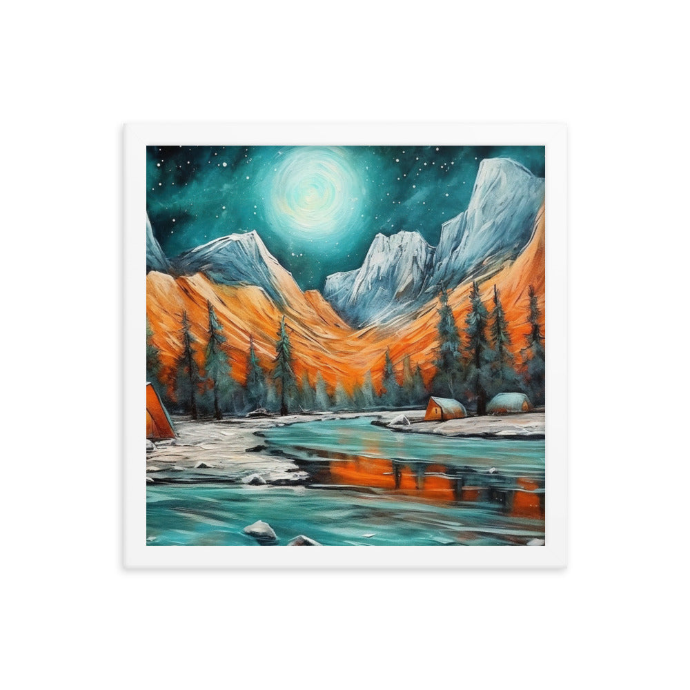 Berglandschaft und Zelte - Nachtstimmung - Landschaftsmalerei - Premium Poster mit Rahmen camping xxx 35.6 x 35.6 cm
