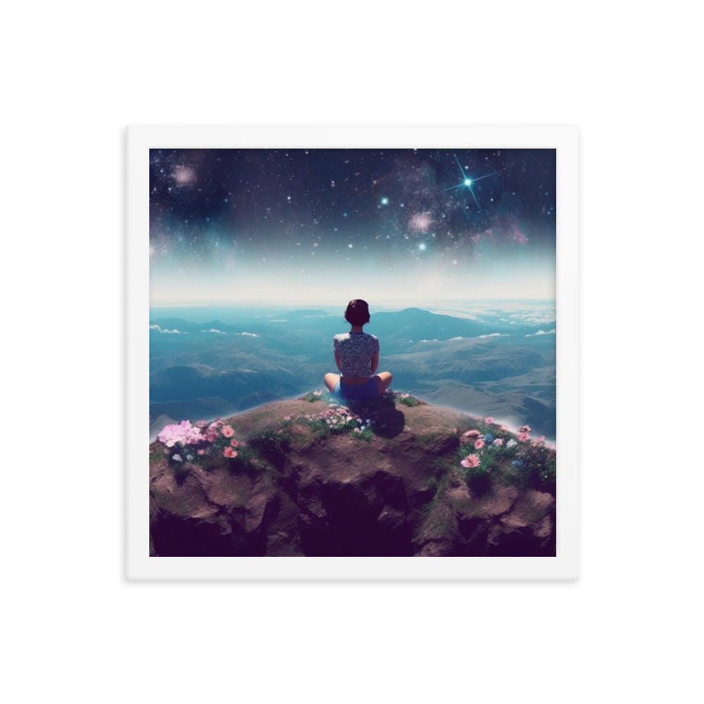 Frau sitzt auf Berg – Cosmos und Sterne im Hintergrund - Landschaftsmalerei - Premium Poster mit Rahmen berge xxx 35.6 x 35.6 cm