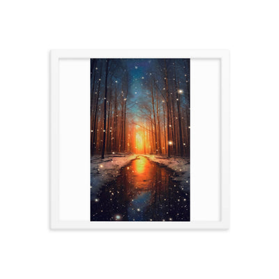 Bäume im Winter, Schnee, Sonnenaufgang und Fluss - Premium Poster mit Rahmen camping xxx Weiß 40.6 x 40.6 cm
