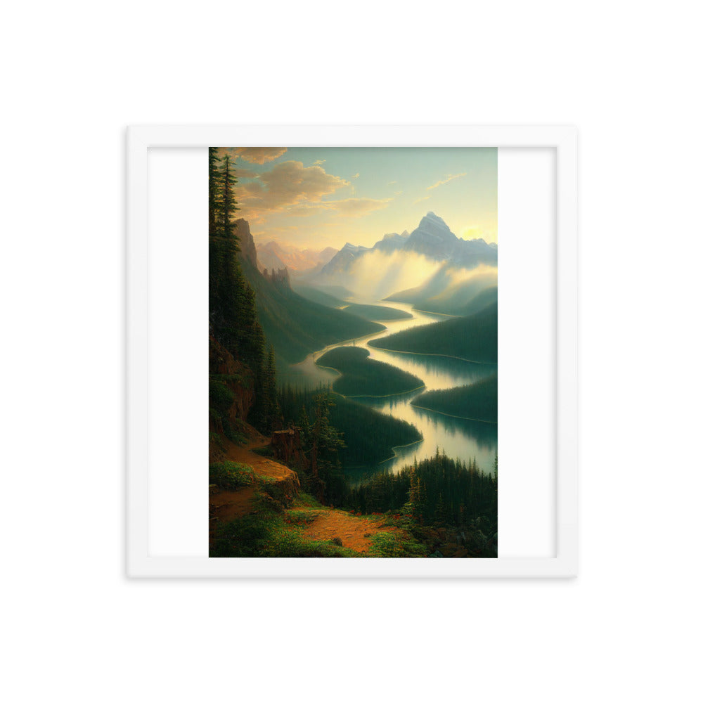 Landschaft mit Bergen, See und viel grüne Natur - Malerei - Premium Poster mit Rahmen berge xxx 40.6 x 40.6 cm
