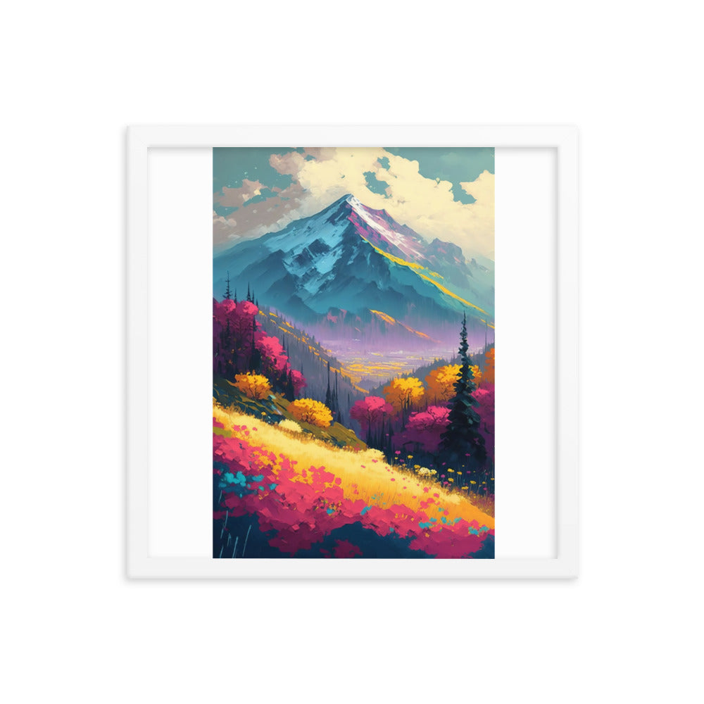 Berge, pinke und gelbe Bäume, sowie Blumen - Farbige Malerei - Premium Poster mit Rahmen berge xxx 40.6 x 40.6 cm