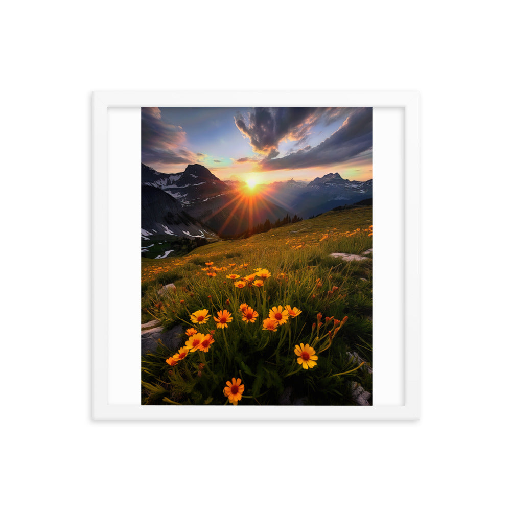 Gebirge, Sonnenblumen und Sonnenaufgang - Premium Poster mit Rahmen berge xxx 40.6 x 40.6 cm