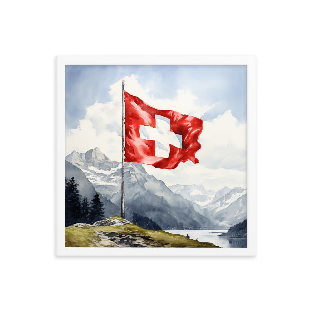 Schweizer Flagge und Berge im Hintergrund - Epische Stimmung - Malerei - Premium Poster mit Rahmen berge xxx 40.6 x 40.6 cm