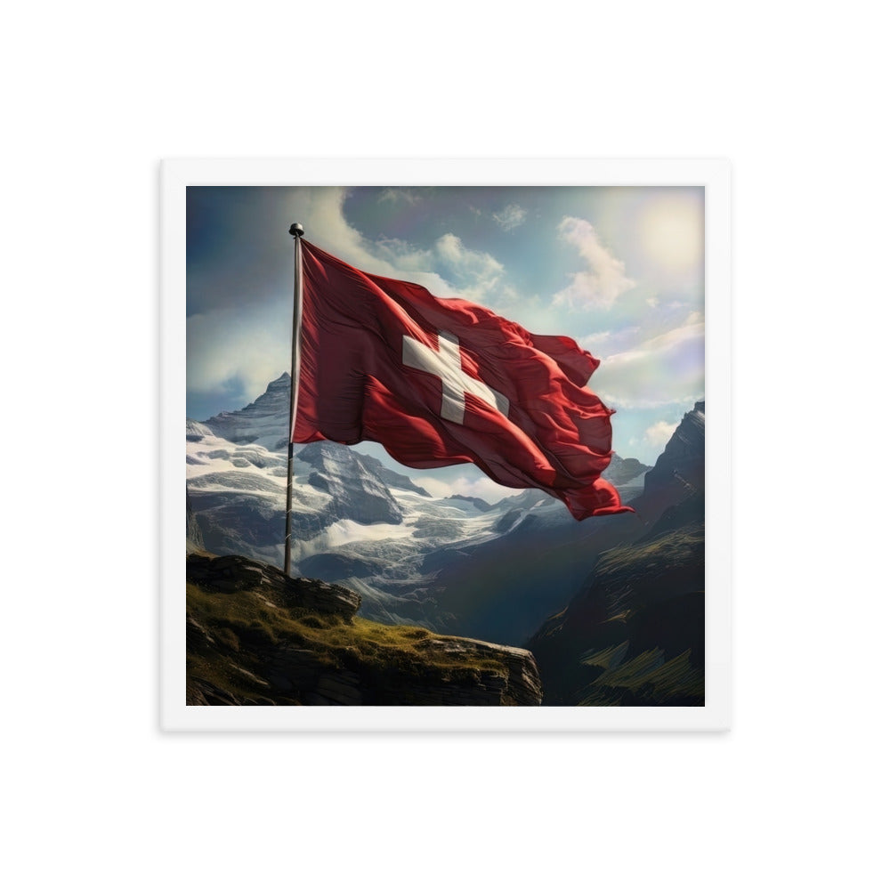 Schweizer Flagge und Berge im Hintergrund - Fotorealistische Malerei - Premium Poster mit Rahmen berge xxx 40.6 x 40.6 cm