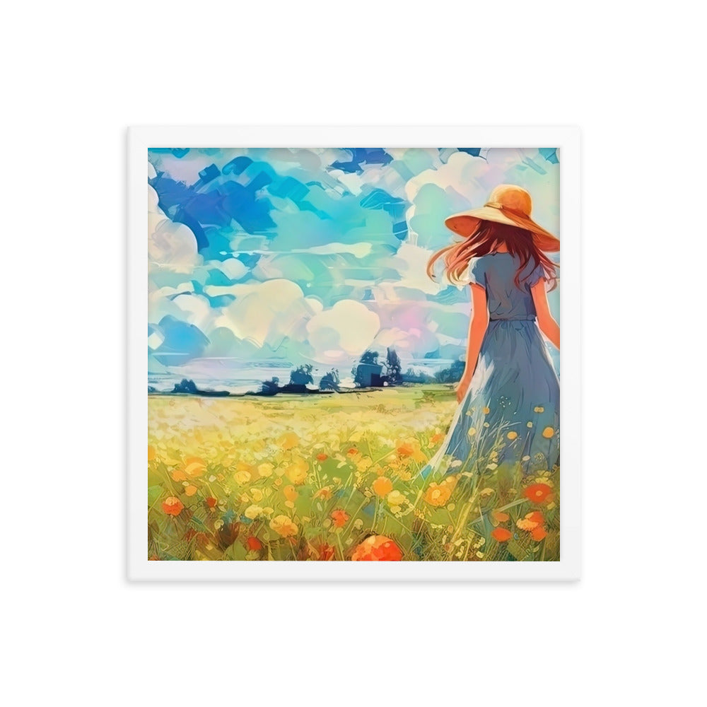 Dame mit Hut im Feld mit Blumen - Landschaftsmalerei - Premium Poster mit Rahmen camping xxx Weiß 40.6 x 40.6 cm