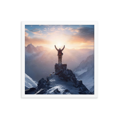 Mann auf der Spitze eines Berges - Landschaftsmalerei - Premium Poster mit Rahmen berge xxx Weiß 40.6 x 40.6 cm