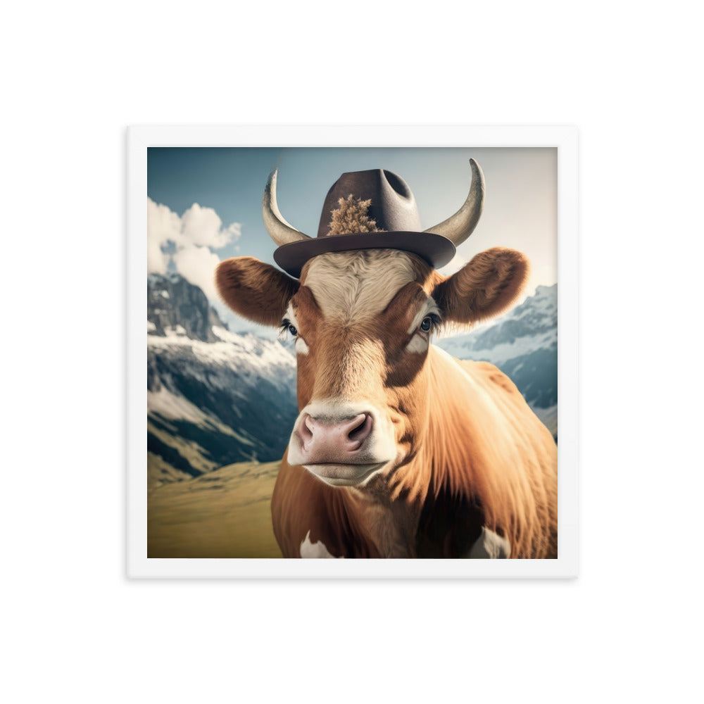 Kuh mit Hut in den Alpen - Berge im Hintergrund - Landschaftsmalerei - Premium Poster mit Rahmen berge xxx 40.6 x 40.6 cm