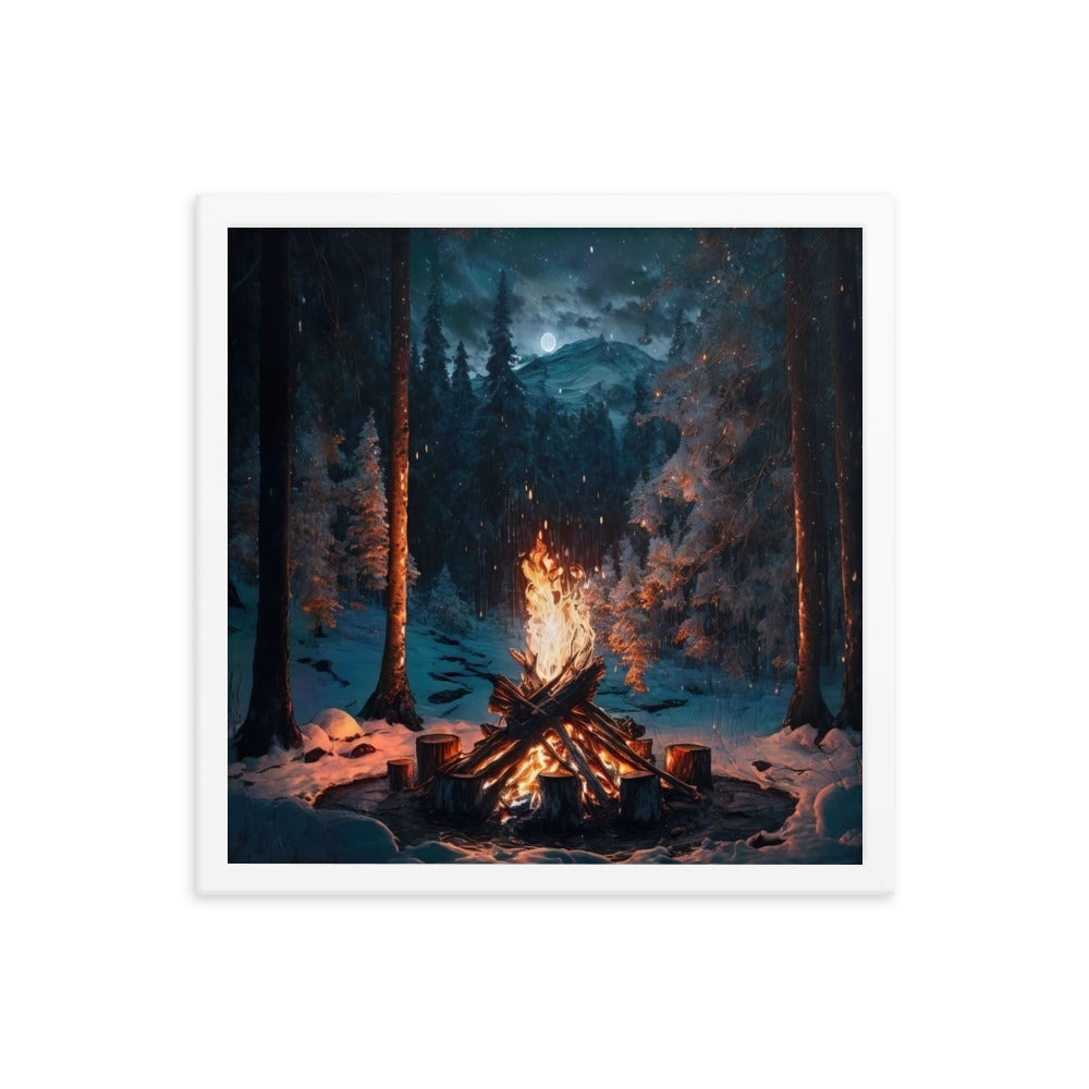 Lagerfeuer beim Camping - Wald mit Schneebedeckten Bäumen - Malerei - Premium Poster mit Rahmen camping xxx 40.6 x 40.6 cm