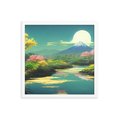 Berg, See und Wald mit pinken Bäumen - Landschaftsmalerei - Premium Poster mit Rahmen berge xxx 40.6 x 40.6 cm