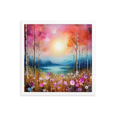 Berge, See, pinke Bäume und Blumen - Malerei - Premium Poster mit Rahmen berge xxx 40.6 x 40.6 cm