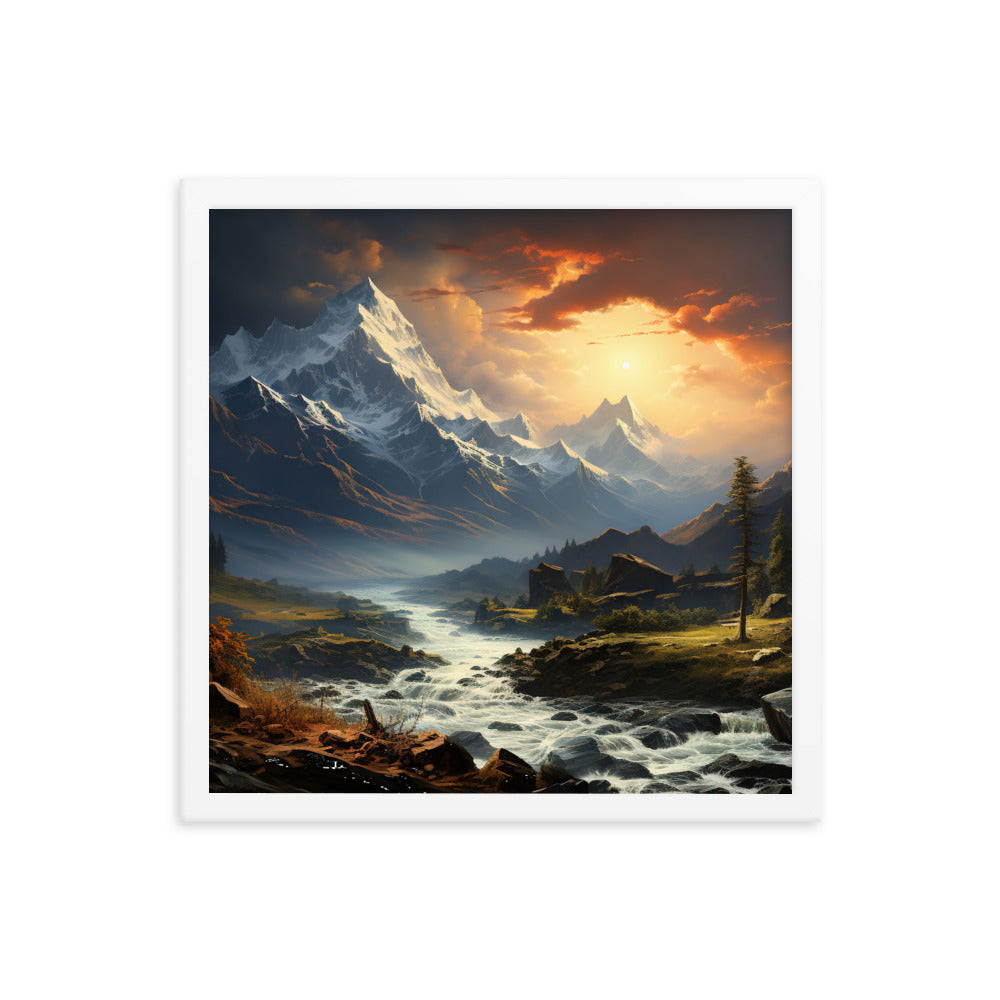Berge, Sonne, steiniger Bach und Wolken - Epische Stimmung - Premium Poster mit Rahmen berge xxx 40.6 x 40.6 cm