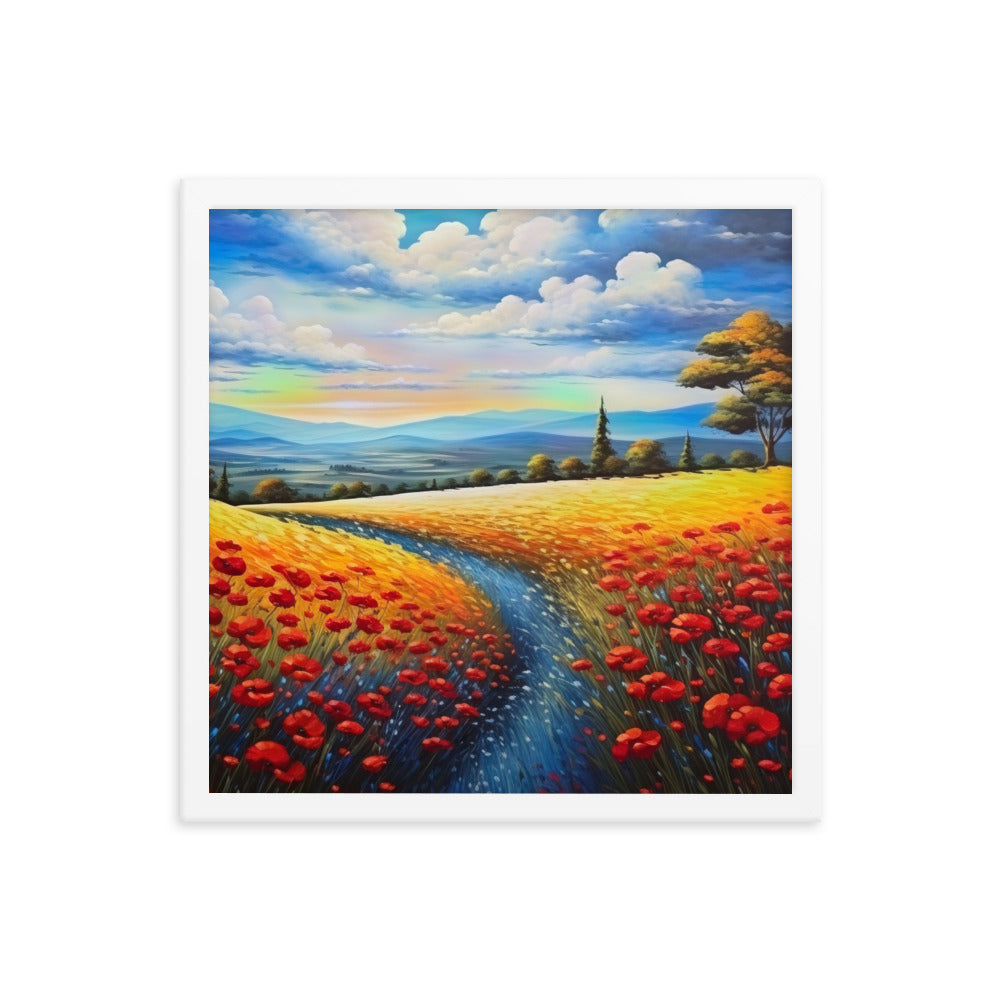 Feld mit roten Blumen und Berglandschaft - Landschaftsmalerei - Premium Poster mit Rahmen berge xxx 40.6 x 40.6 cm