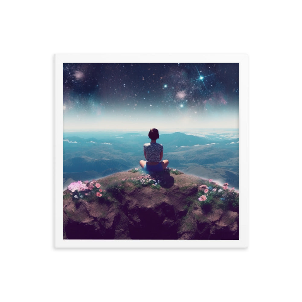 Frau sitzt auf Berg – Cosmos und Sterne im Hintergrund - Landschaftsmalerei - Premium Poster mit Rahmen berge xxx 40.6 x 40.6 cm