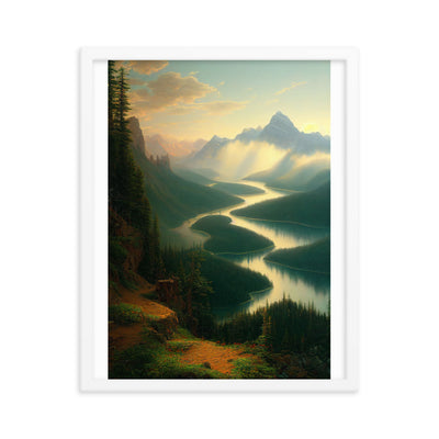 Landschaft mit Bergen, See und viel grüne Natur - Malerei - Premium Poster mit Rahmen berge xxx 40.6 x 50.8 cm