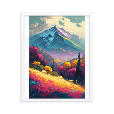 Berge, pinke und gelbe Bäume, sowie Blumen - Farbige Malerei - Premium Poster mit Rahmen berge xxx 40.6 x 50.8 cm