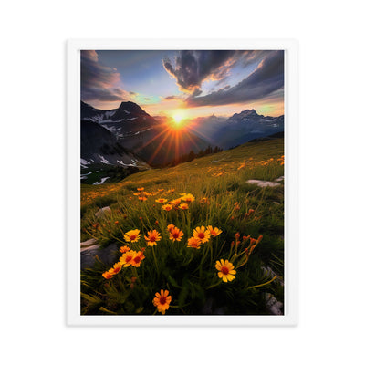 Gebirge, Sonnenblumen und Sonnenaufgang - Premium Poster mit Rahmen berge xxx 40.6 x 50.8 cm