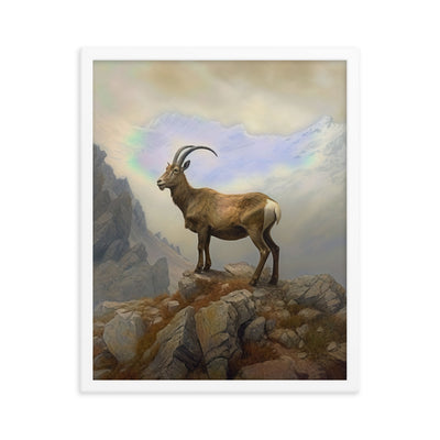Steinbock am Berg - Wunderschöne Malerei - Premium Poster mit Rahmen berge xxx Weiß 40.6 x 50.8 cm