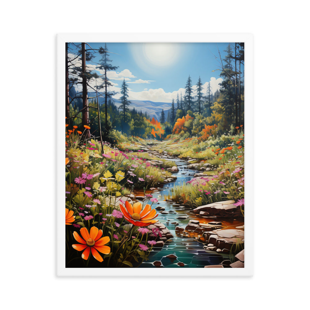 Berge, schöne Blumen und Bach im Wald - Premium Poster mit Rahmen berge xxx 40.6 x 50.8 cm