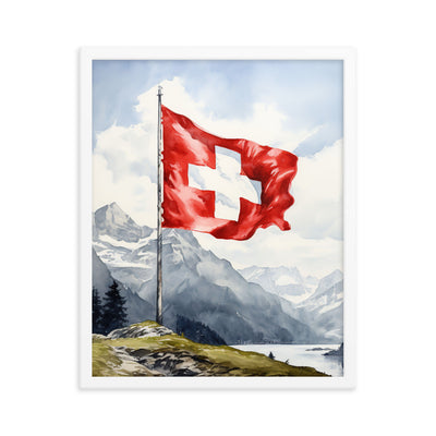 Schweizer Flagge und Berge im Hintergrund - Epische Stimmung - Malerei - Premium Poster mit Rahmen berge xxx 40.6 x 50.8 cm