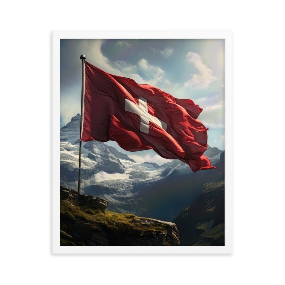 Schweizer Flagge und Berge im Hintergrund - Fotorealistische Malerei - Premium Poster mit Rahmen berge xxx 40.6 x 50.8 cm