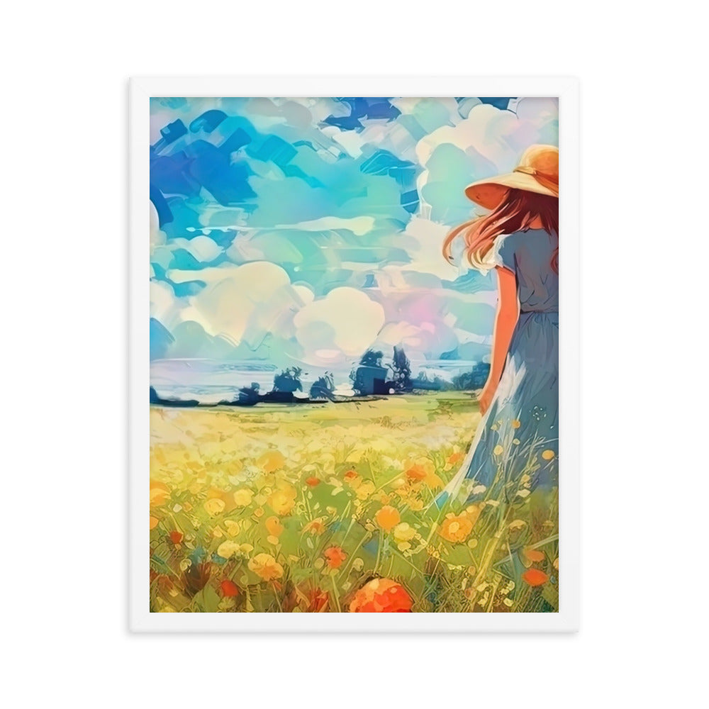 Dame mit Hut im Feld mit Blumen - Landschaftsmalerei - Premium Poster mit Rahmen camping xxx Weiß 40.6 x 50.8 cm