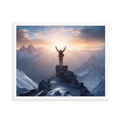 Mann auf der Spitze eines Berges - Landschaftsmalerei - Premium Poster mit Rahmen berge xxx Weiß 40.6 x 50.8 cm