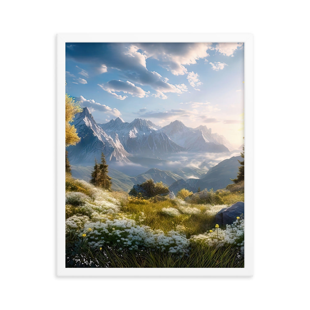 Berglandschaft mit Sonnenschein, Blumen und Bäumen - Malerei - Premium Poster mit Rahmen berge xxx 40.6 x 50.8 cm