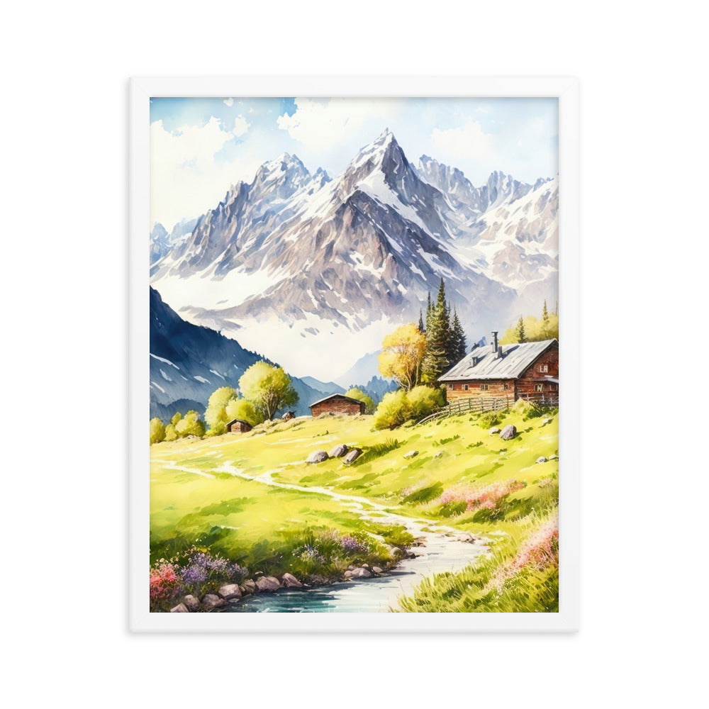 Epische Berge und Berghütte - Landschaftsmalerei - Premium Poster mit Rahmen berge xxx 40.6 x 50.8 cm