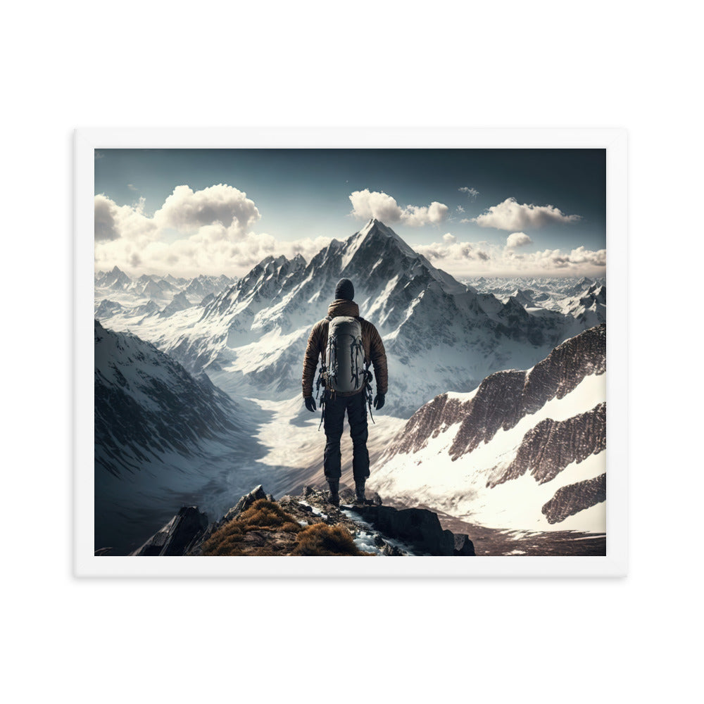 Wanderer auf Berg von hinten - Malerei - Premium Poster mit Rahmen berge xxx 40.6 x 50.8 cm