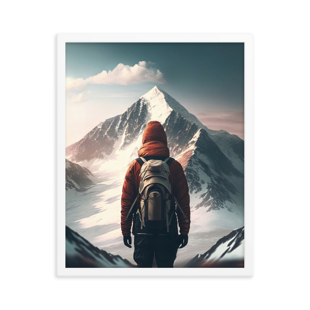 Wanderer von hinten vor einem Berg - Malerei - Premium Poster mit Rahmen berge xxx 40.6 x 50.8 cm