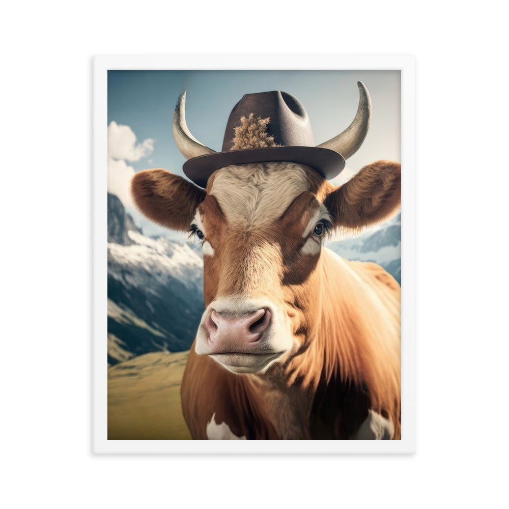 Kuh mit Hut in den Alpen - Berge im Hintergrund - Landschaftsmalerei - Premium Poster mit Rahmen berge xxx 40.6 x 50.8 cm