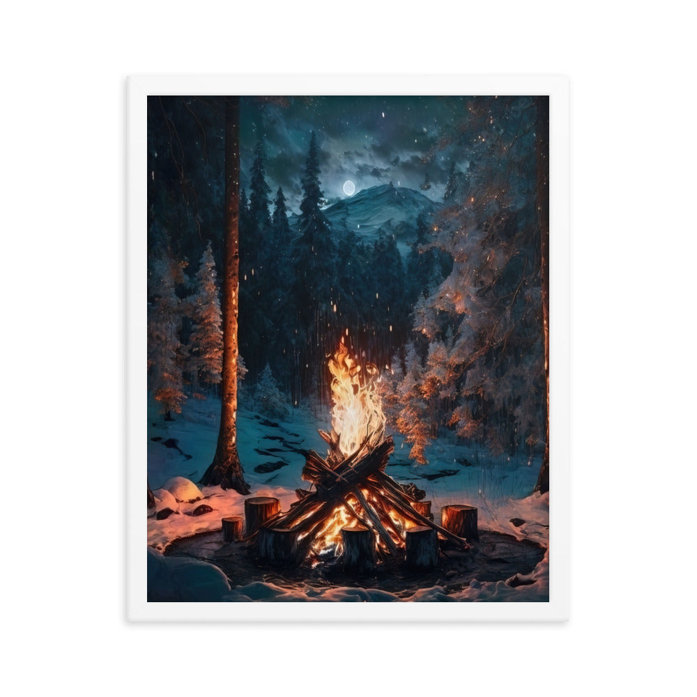 Lagerfeuer beim Camping - Wald mit Schneebedeckten Bäumen - Malerei - Premium Poster mit Rahmen camping xxx 40.6 x 50.8 cm