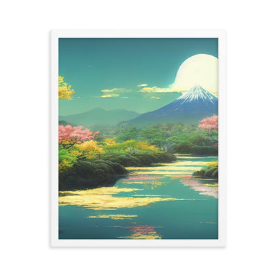 Berg, See und Wald mit pinken Bäumen - Landschaftsmalerei - Premium Poster mit Rahmen berge xxx 40.6 x 50.8 cm