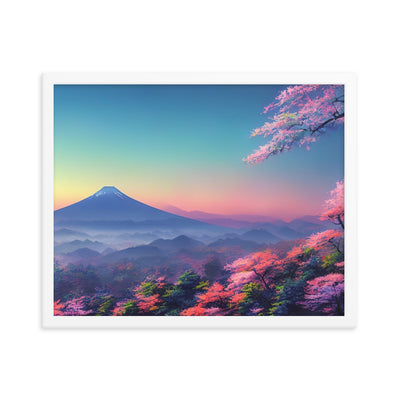 Berg und Wald mit pinken Bäumen - Landschaftsmalerei - Premium Poster mit Rahmen berge xxx 40.6 x 50.8 cm