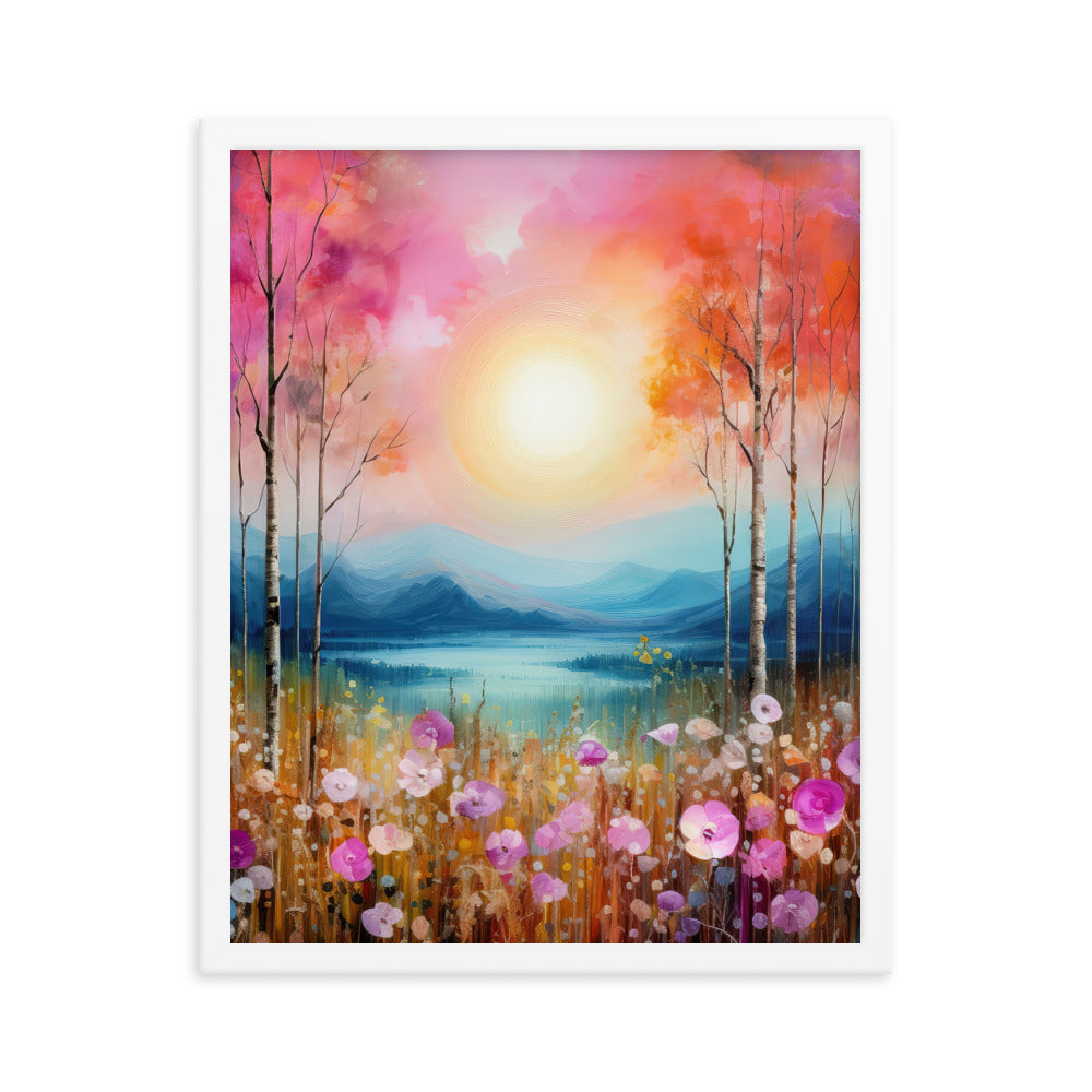 Berge, See, pinke Bäume und Blumen - Malerei - Premium Poster mit Rahmen berge xxx 40.6 x 50.8 cm