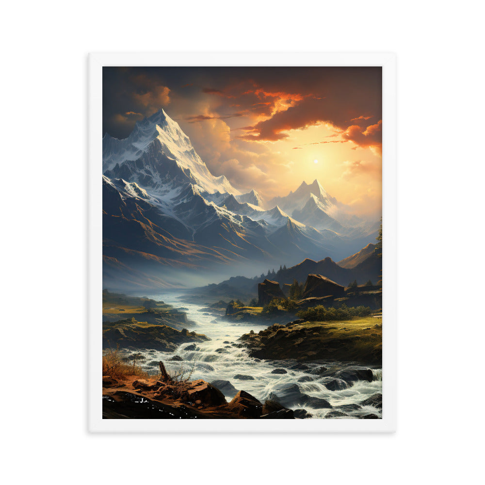 Berge, Sonne, steiniger Bach und Wolken - Epische Stimmung - Premium Poster mit Rahmen berge xxx 40.6 x 50.8 cm