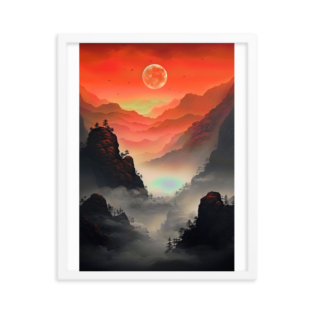 Gebirge, rote Farben und Nebel - Episches Kunstwerk - Premium Poster mit Rahmen berge xxx 40.6 x 50.8 cm
