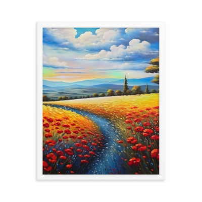 Feld mit roten Blumen und Berglandschaft - Landschaftsmalerei - Premium Poster mit Rahmen berge xxx 40.6 x 50.8 cm