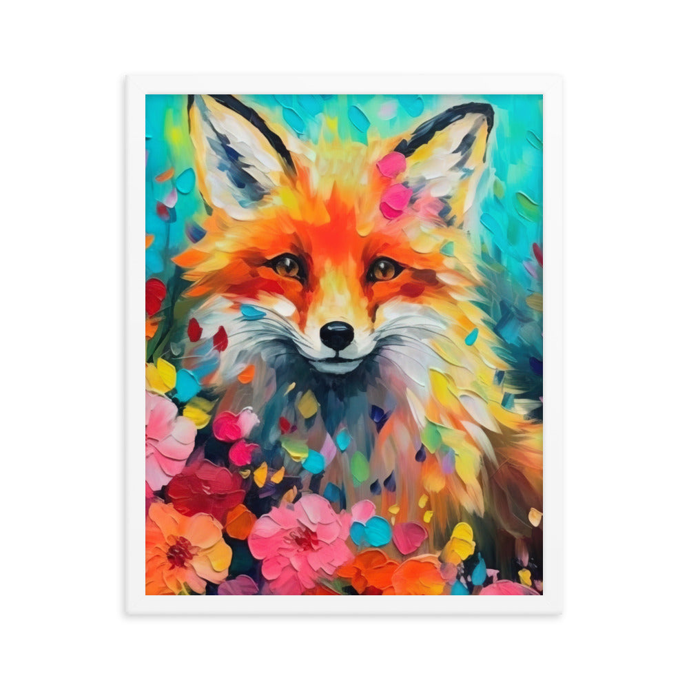 Schöner Fuchs im Blumenfeld - Farbige Malerei - Premium Poster mit Rahmen camping xxx 40.6 x 50.8 cm
