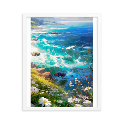 Berge, Blumen, Fluss und Steine - Malerei - Premium Poster mit Rahmen camping xxx 40.6 x 50.8 cm