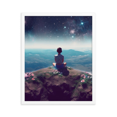 Frau sitzt auf Berg – Cosmos und Sterne im Hintergrund - Landschaftsmalerei - Premium Poster mit Rahmen berge xxx 40.6 x 50.8 cm