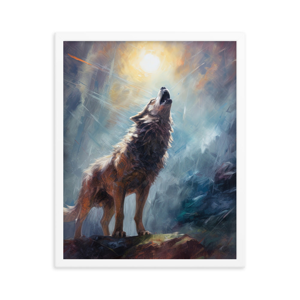 Heulender Wolf auf Berggipfel und Mond im Hintergrund – Abstrakte Malerei - Premium Poster mit Rahmen camping xxx 40.6 x 50.8 cm