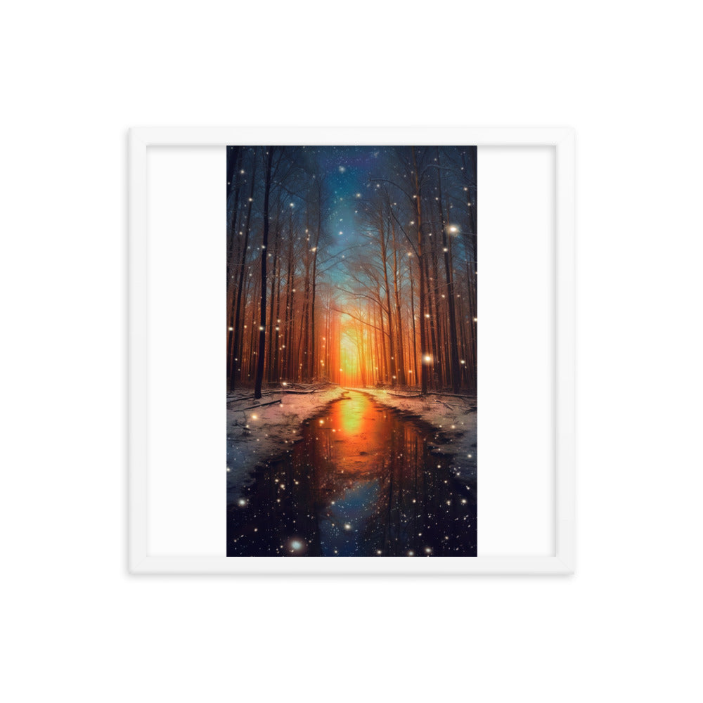 Bäume im Winter, Schnee, Sonnenaufgang und Fluss - Premium Poster mit Rahmen camping xxx Weiß 45.7 x 45.7 cm