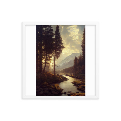 Landschaft mit Bergen, Fluss und Bäumen - Malerei - Premium Poster mit Rahmen berge xxx 45.7 x 45.7 cm